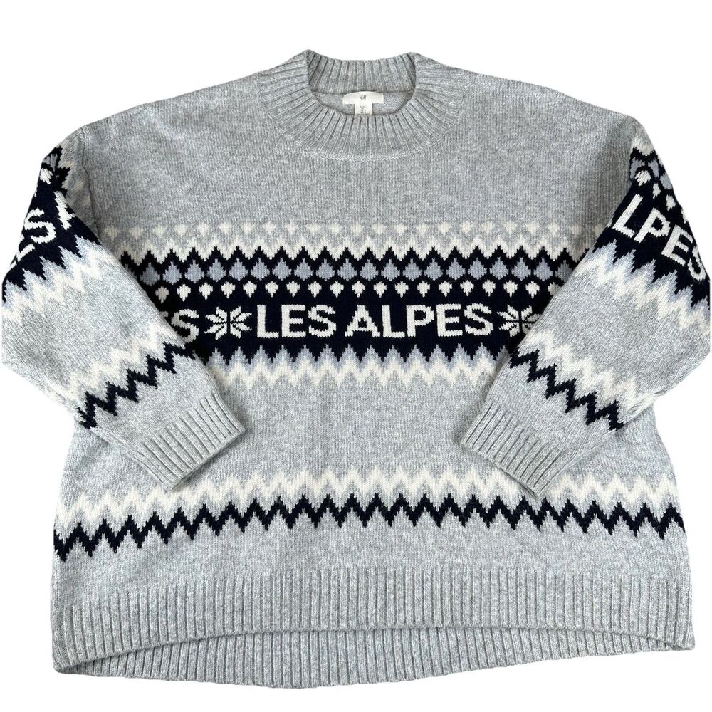 H&M Women’s Large Les Alps Gray Knit Sweater Wool Blend Loose Relaxed Luxe